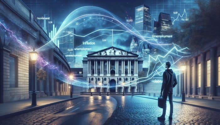 Consolidating Debt Before Remortgaging: Key Strategies | DCL Illustration of London's Bank of England at twilight with digital overlays of inflation curves and unemployment bars; homeowner analysing mortgage rate charts.