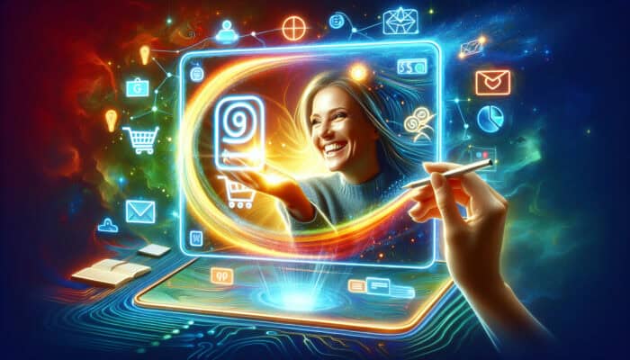 A sleek digital checkout interface on a glowing screen, with intuitive navigation, seamless payments, and a smiling shopper in vibrant colours.