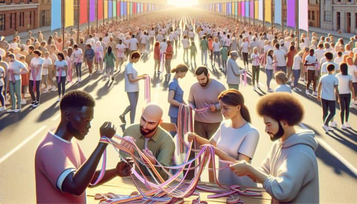 Diverse participants braiding colourful ribbons at a charity walk, with organisers gathering feedback surveys and reviewing success charts under a sunny sky.