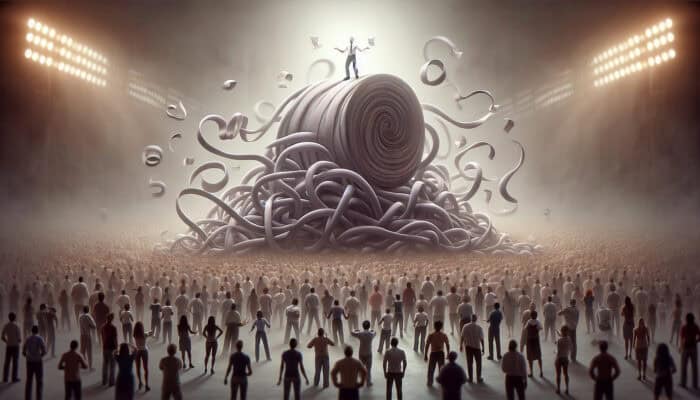 A content creator on a cluttered stage struggles with a tangled scroll of text as diverse audience members drift into shadowy fog.