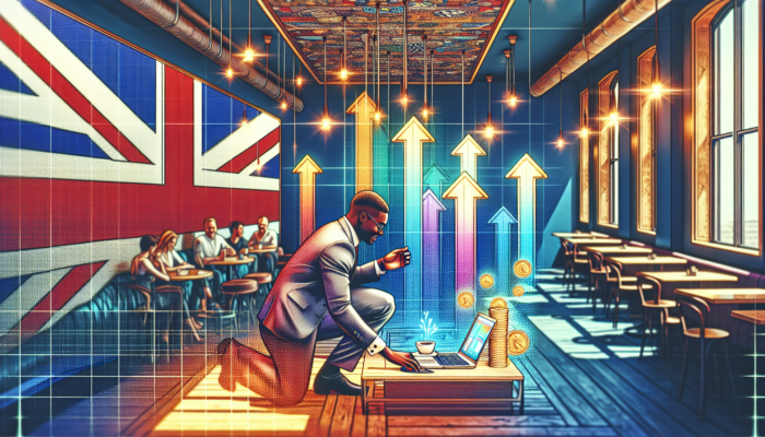 A determined small business owner in a modern London cafe analyzes a sleek website on a laptop, surrounded by rising sales graphs, Union Jack flags, and happy customers.