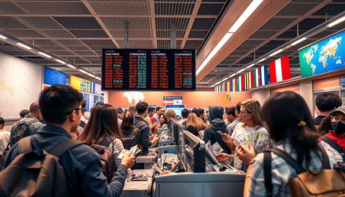 A busy airport currency exchange booth with travellers exchanging colourful banknotes, a screen displaying fluctuating rates, flags, and maps.