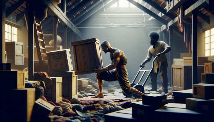 A person in a dimly lit attic bends knees to lift a heavy wooden box, with a helper and hand truck in a cluttered, dusty space.