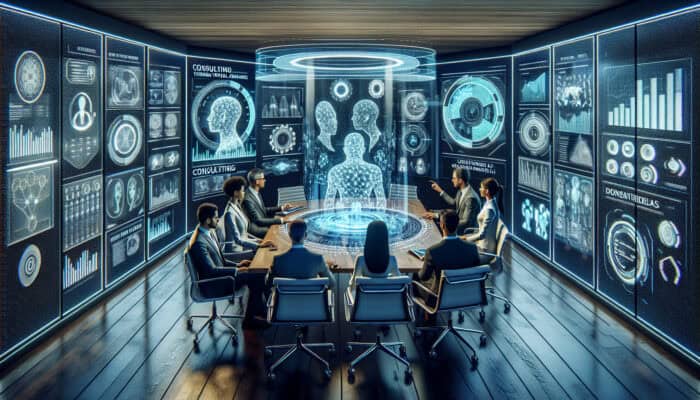 Experts in professional attire discuss virtual assistants in a modern conference room with holographic AI displays showcasing client research data.