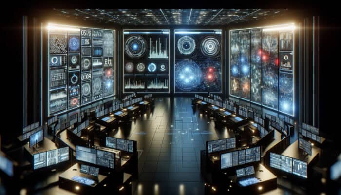 A dynamic digital command center with screens showing real-time social media feeds, sentiment analysis graphs, and data visualizations for monitoring discussions.