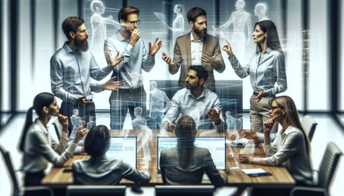 A diverse team collaborates in a modern conference room, analyzing social media dashboards on large screens to plan events and adapt strategies.