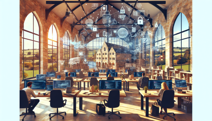 Busy office in historic Stroud with ecommerce developers collaborating on digital shopping screens, amid Cotswolds views and natural light.