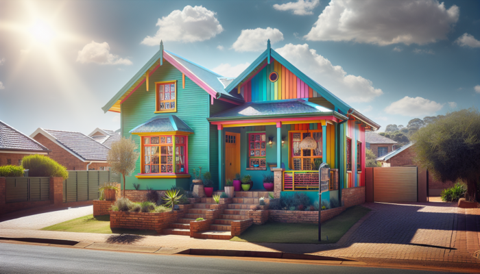 A freshly painted entry-level home in Pretoria's suburbs, featuring vibrant eco-friendly colors that harmonise with the African landscape under a sunny sky.