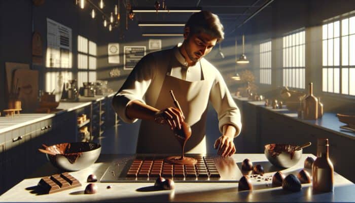 A skilled chocolatier tempers glossy dark chocolate using the tabling technique on a marble slab in a sunlit kitchen.