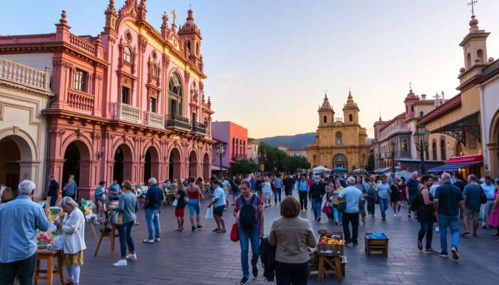 Vibrant sunset street scene in San Miguel de Allende: colorful colonial architecture, artists painting, and cultural festivities.