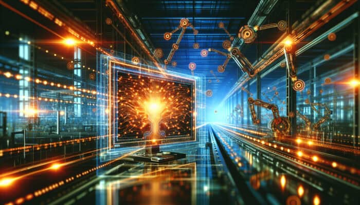 A futuristic tech lab with a glowing computer screen showing code, pulsing circuits, and robotic arms assembling gadgets.