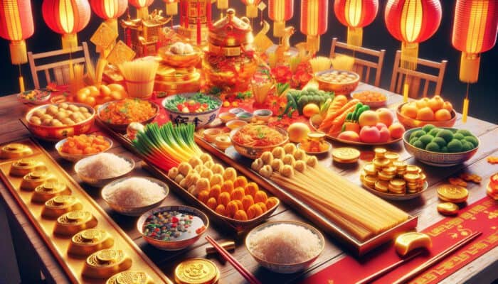 A festive Lunar New Year table featuring long noodles, golden dumplings, rice, colourful vegetables, and red lanterns.