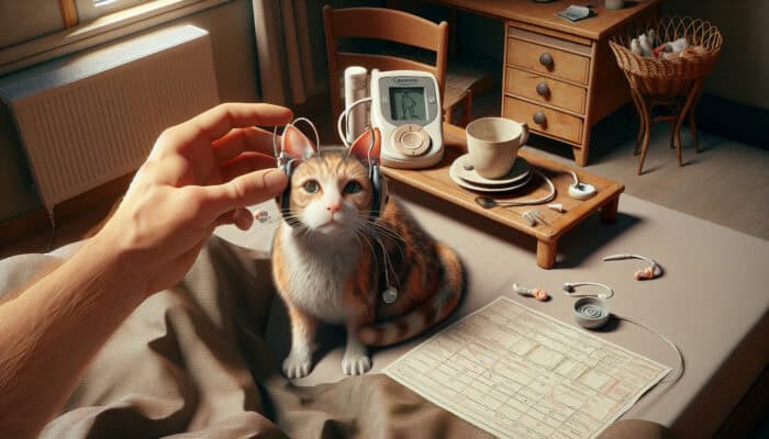 A curious cat wearing a simple hearing aid alternative, with a relaxed owner adjusting it in a cozy home.