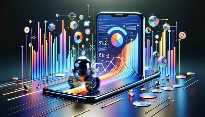 Sleek smartphone displaying responsive website scanned by futuristic Google bot, with rising SEO graphs and users on diverse devices.