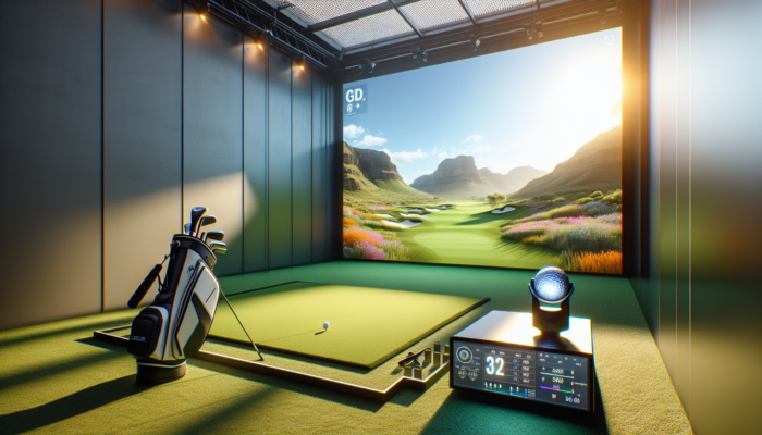 High-tech golf simulator in South Africa: HD projector on sun-resistant screen, sensors tracking swings amid humidity and power issues.