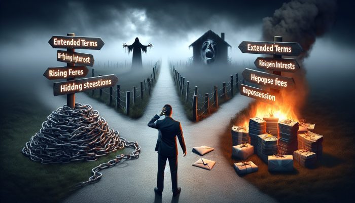 Does Debt Consolidation Impact Mortgage Offers? | DCL A worried individual at a foggy crossroads, paths showing chains for debt terms, fiery interest coins, fee envelopes, and a shadowed home, with a guiding counselor.
