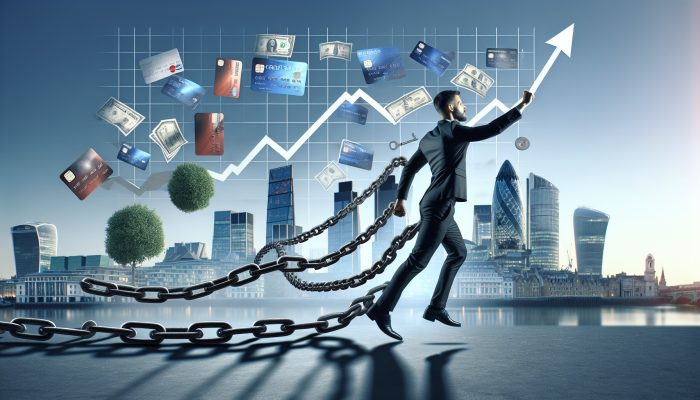 Does Debt Consolidation Impact Mortgage Offers? | DCL A confident person in London's skyline breaking debt chains, with rising credit score graph and icons of a house and car.