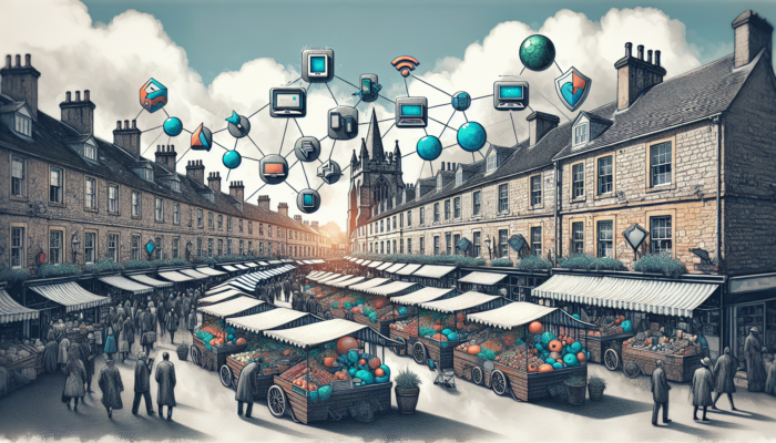 Bustling market scene in Stow-on-the-Wold, showing a responsive shop website on smartphone, tablet, and desktop amid historic Cotswold stone buildings.