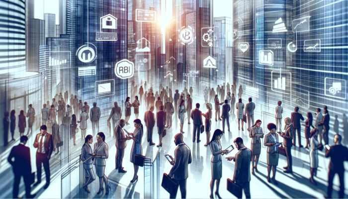 Mid-level home buyers analyzing property listings and price charts on tablets in a bustling urban landscape with modern buildings.