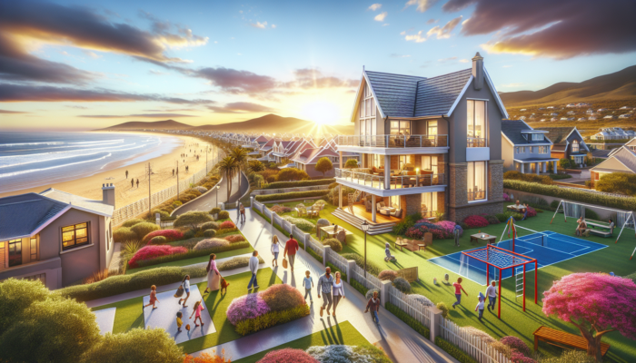 A charming mid-level home in Plettenberg Bay overlooks pristine beaches and a school, with families strolling in sunny community parks.