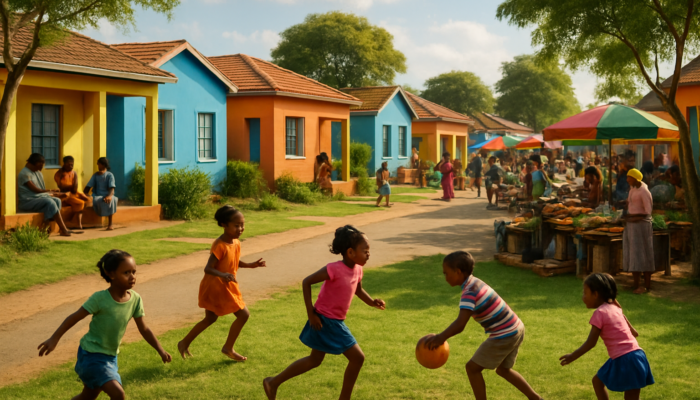 Vibrant Thohoyandou neighbourhood with colorful family homes, kids playing in parks, and bustling markets.