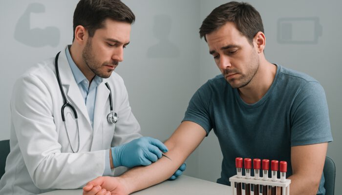Doctor drawing blood for testosterone test in Scarborough clinic, with labeled test tubes and low energy icons.