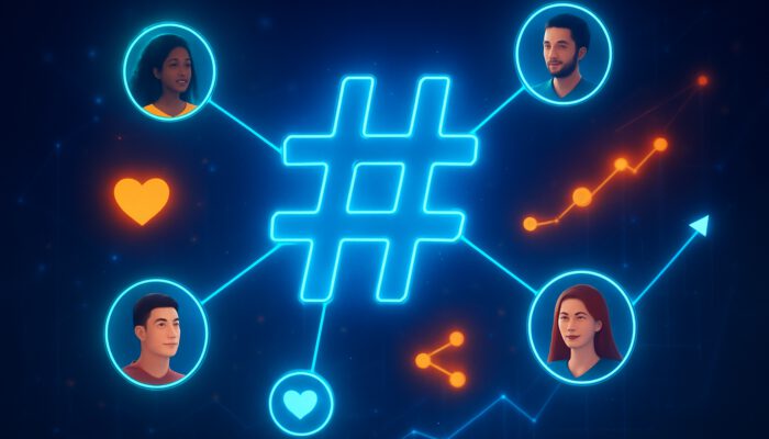 Vibrant network of glowing hashtags connecting users, with trending graphs and engagement icons.