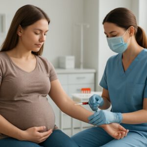 Pregnant woman getting blood drawn by nurse in modern Wakefield clinic.