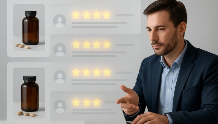 Vibrant online store page for health supplements featuring glowing reviews, critical feedback, and brand interactions.