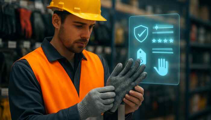 Worker in Brighton examines EN 388 certified cut-resistant gloves, checking price tags and reviews for safety and durability.