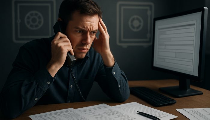 Man reporting fraud to bank about debt issues on phone.