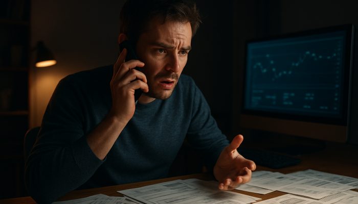Worried person dialing bank fraud hotline on smartphone, amid scattered documents and suspicious transactions on computer.