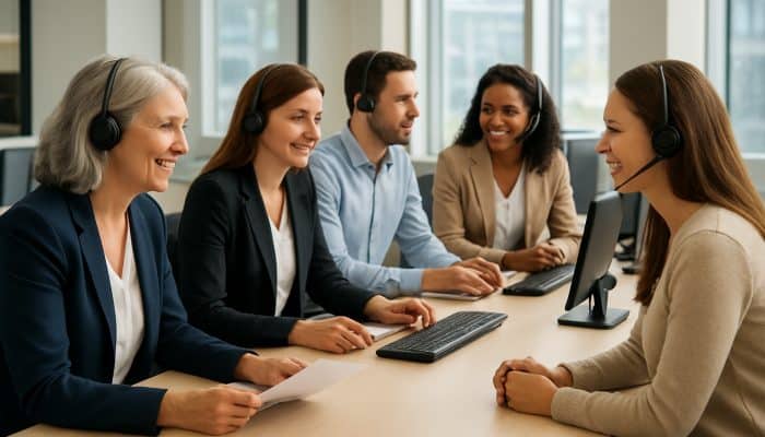 Support team at bank discussing debt consolidation options with clients.