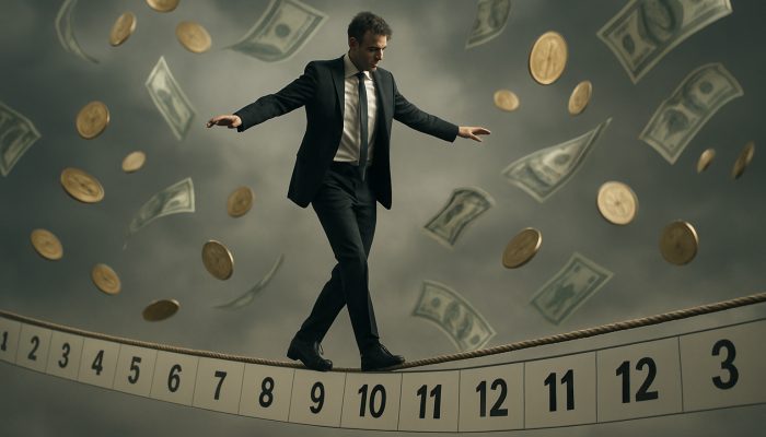 Handling Irregular Pay and Fixed Loan Dates: Tips | DCL Tightrope walker balancing on calendar dates amid swirling coins and bills, symbolizing irregular pay challenges.