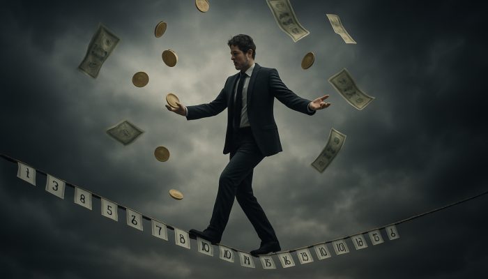 Handling Irregular Pay and Fixed Loan Dates: Tips | DCL Tightrope walker balancing on calendar dates, juggling coins amid stormy sky, symbolizing financial uncertainty.
