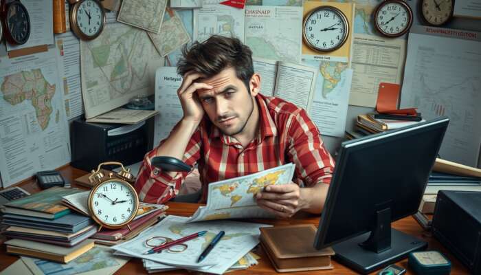 Stressed traveler at cluttered desk with maps, schedules, and brochures, frantically checking smartphone as ticking clock shows fatigue from planning challenges.