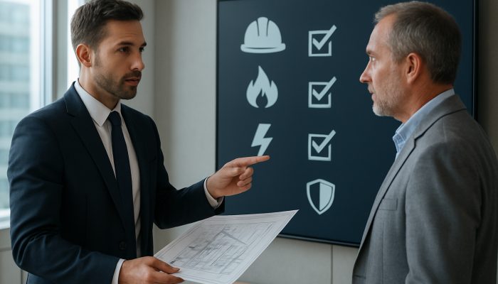 Broker in suit discussing modern building blueprints and safety tips with client.