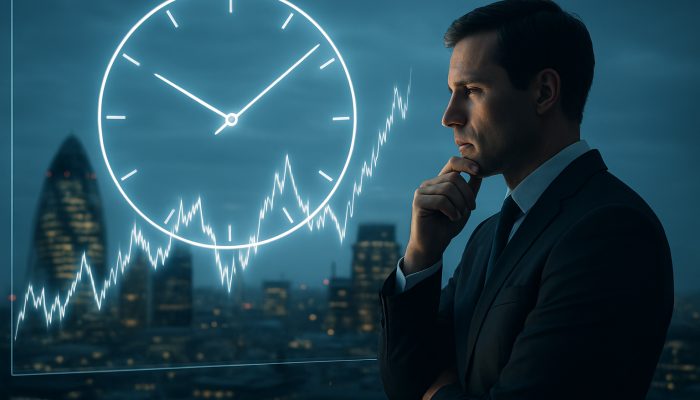Sharp-dressed London broker analyzing stock market graphs on a screen with clock for optimal investments.