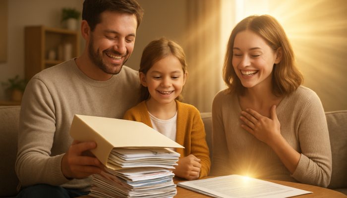 Combining Debts While Supporting Relatives: Key Tips | DCL Relieved British family consolidating debt with FCA documents, bills merging into rays of light.