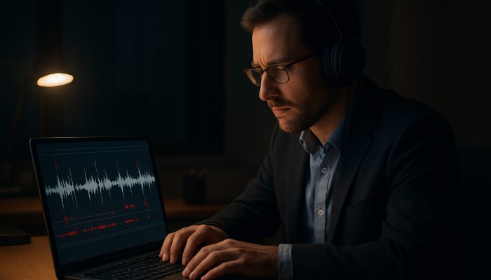 Professional editing audio transcription on laptop with waveforms and red marks in dim office.