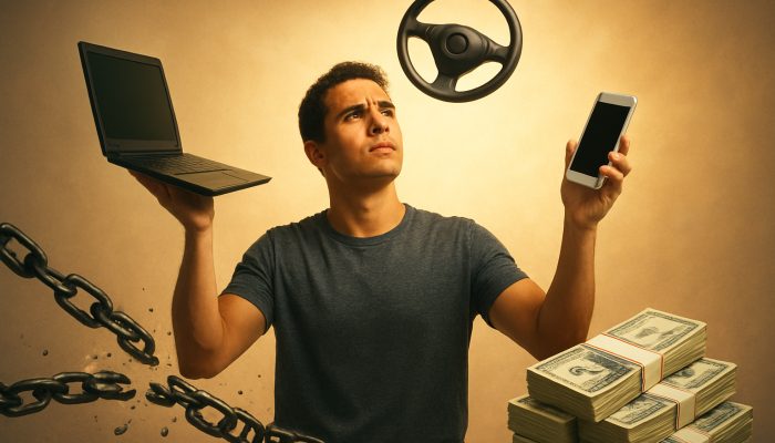 Determined person juggling side hustles to break debt chains and build cash stacks.
