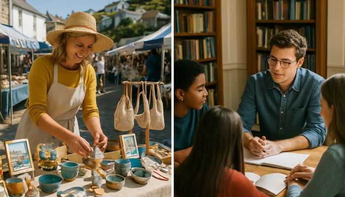 A craftsperson arranges handmade items at a bustling Cornwall market, while a student tutors GCSE pupils in a cozy Manchester room.