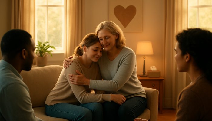 Balancing Health Recovery And Money Stress: Helpful Advice | DCL Patient embraced by therapist and community in warm, serene UK home recovery scene