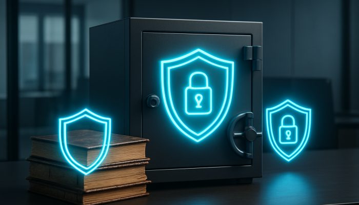 Digital vault with glowing GDPR shields securing ancient debt ledgers in sleek office