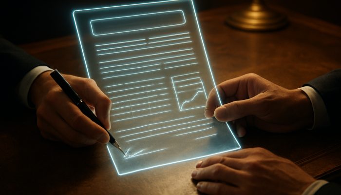 Hands signing glowing transparent contract on antique desk with floating interest rates, symbolizing UK debt transparency laws.