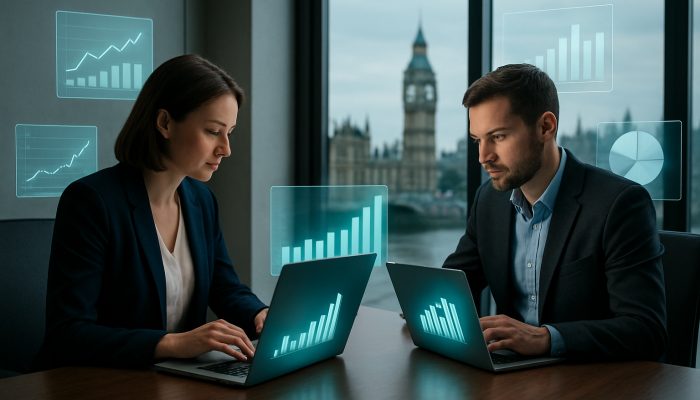 British SME owners analysing cash flow dashboards on laptops in sleek London office with UK landmarks.