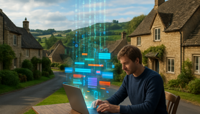 Small business owner crafting website on laptop in quaint Bampton village with digital overlays