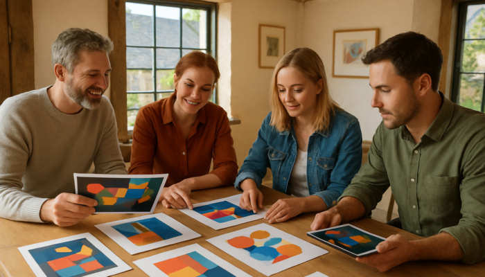 Bampton entrepreneurs review vibrant web mockups with local designers in sunlit village studio.