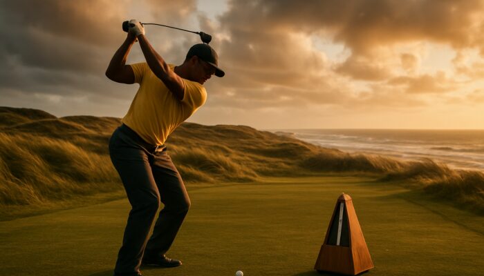 Focused South African golfer mid-swing with metronome on windy coastal fairway at golden hour
