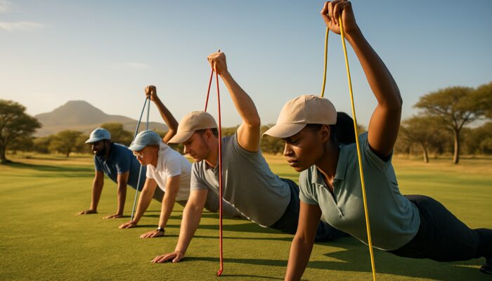 Diverse golfers doing planks and resistance band presses on a sunlit South African savanna golf course.